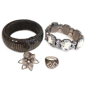 4Pc Set Chunky Statement Jewelry Fashion Ring Bracelet Faux Crystal Rhinestone